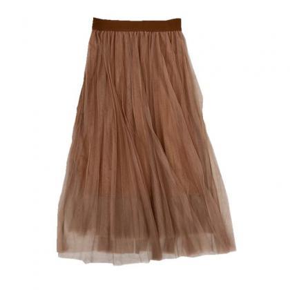 High Waist Skirt, Pleated Net Gauze Skirt, Elastic..