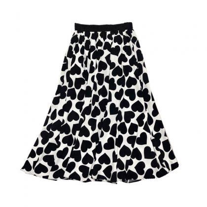 Summer Skirt, Heart Print A-line Skirt, Cotton..