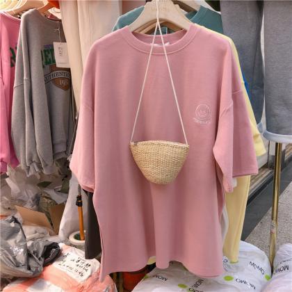 Embroidered Loose T-Shirt, Short Sl..