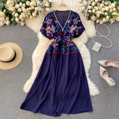 Ethnic Style, Printed Holiday Dress, V-neck Short..