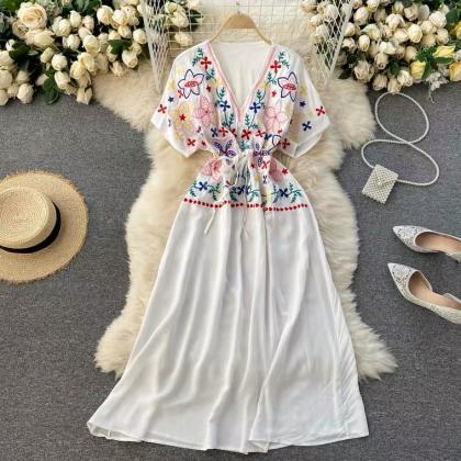 Ethnic Style, Printed Holiday Dress, V-neck Short..
