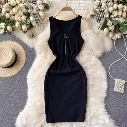Spring Dress, Design Sense Of Zipper, V-neck..