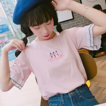Embroidered Ice Cream T-shirt, Cotton T-shirt,..