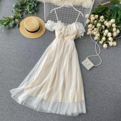 Spaghetti Strap Dress, Flounces Neck Fairy Dress,..