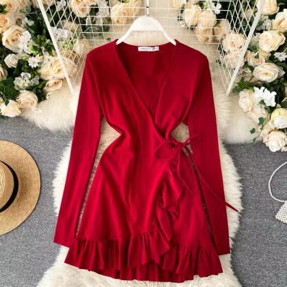 Stylish Solid Color, V-neck, Long Sleeves,..