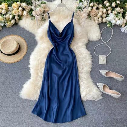 Elegant Dress, Summer Sexy Satin Lapel Halter..