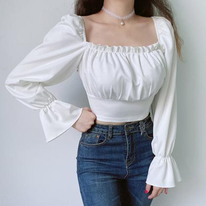 Square-collar Bubble Long Sleeve Crop Top, Back..