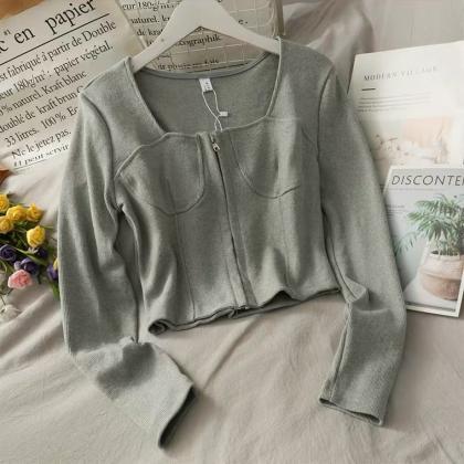 Short Style Zipper Cardigan, T - Shirt, Spring And..