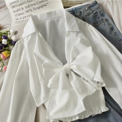 White Blouse, Crop Shirt, Big Bowknot, Pleated Top