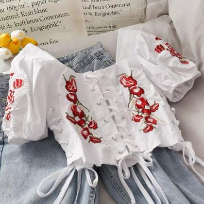 Unique,heavy Embroidery Short Shirt, , Belted..