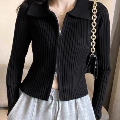 Pit Strip Zipper Knit Cardigan, Spring And Autumn..