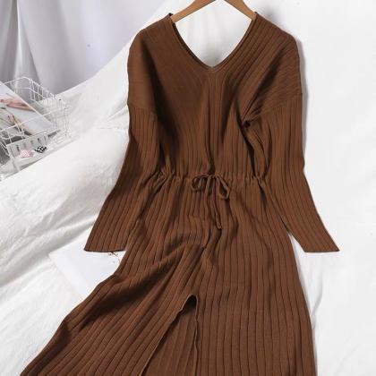 Spring And Autumn, Trench Dress, V-neck, Solid..