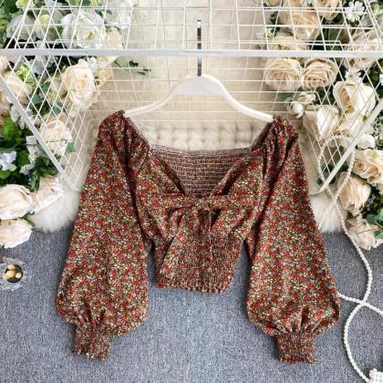 Vintage, V-neck, Pleated Bowknot, Floral Chiffon,..