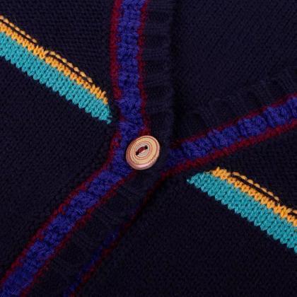 Vintage, Navy Blue, V-neck Striped Sweater Jacket,..