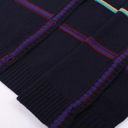 Vintage, Navy Blue, V-neck Striped Sweater Jacket,..