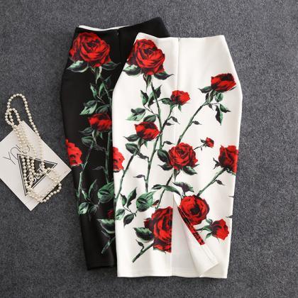 Classic, Rose Printed Skirt, Mid Length Slit,..
