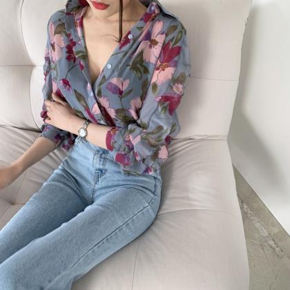 Light luxury floral chiffon shirt, ..