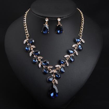 Crystal Gem Leaves Necklace Earring Set, Fashion..