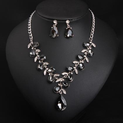 Crystal Gem Leaves Necklace Earring Set, Fashion..
