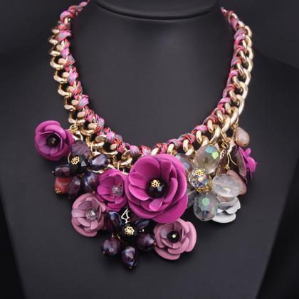 Colorful Flowers, Gemstone Pendant, Cotton Cord..