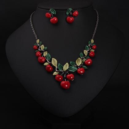 Cherry Necklace Earrings Jewelry Set, Evening..
