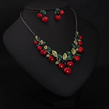 Cherry Necklace Earrings Jewelry Set, Evening..