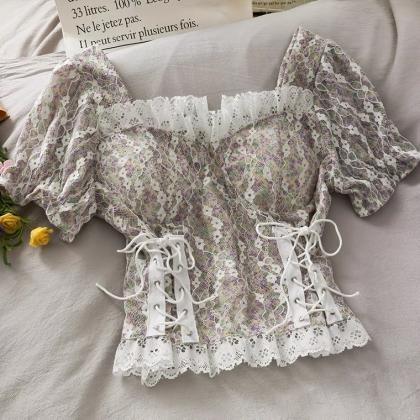Splicing Hollow, Lace Bubble Sleeves, Small Shirt..