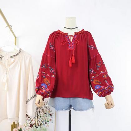 Holiday Ethnic Style Blouse, Heavy Embroidery, Tie..