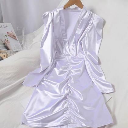 V-neck Bubble Long Sleeve Satin Dress, Solid Color..