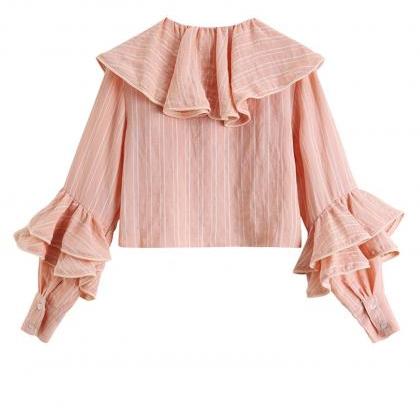 Pink Flounce Striped Short Shirt, High Waist, Long..