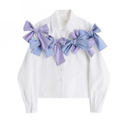 Bowknot Tie Shirt In Contrasting Colors, Short..
