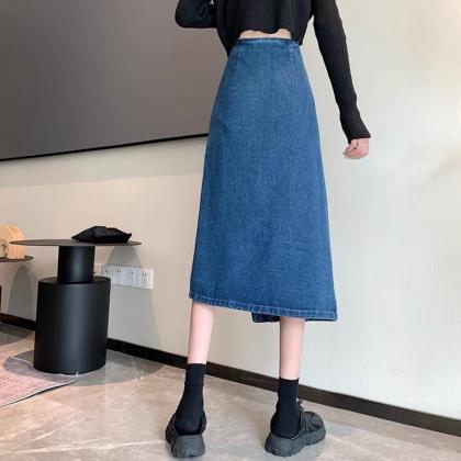 Split Jean Skirt, High Waist, Irregular Long Skirt