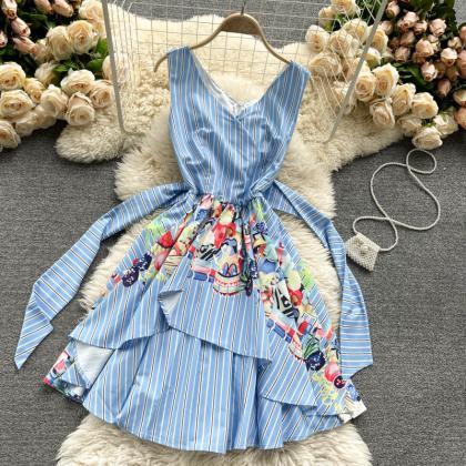 Striped Dress, Floral Printed Dress, Irregular..