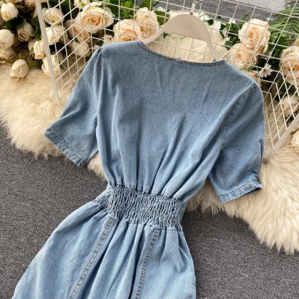 Vintage Denim Dress, Temperament V-neck Dress,..