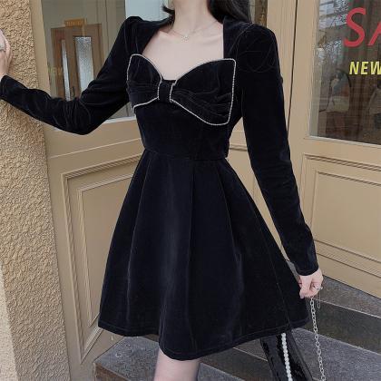 Plus-size Dress, Bowknot-tied Velvet Dress
