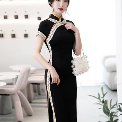 Fashion Ladies Lace Cheongsam, Long Black Party..