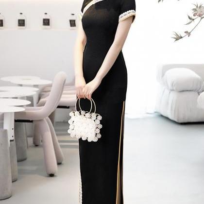 Fashion Ladies Lace Cheongsam, Long Black Party..