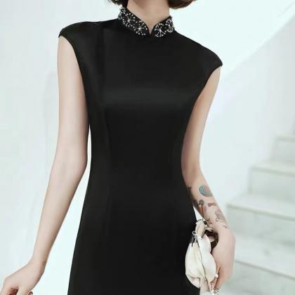 Sexy Black Long Cheongsam, Cocktail Party Evening..