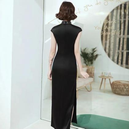 Sexy Black Long Cheongsam, Cocktail Party Evening..