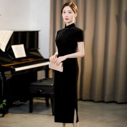 Improved Version Of Cheongsam Dress, Black Velvet..