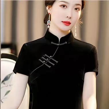 Improved Version Of Cheongsam Dress, Black Velvet..