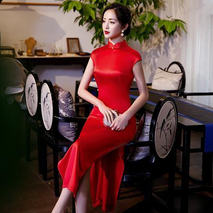 Fashion Sexy, Red/black Cheongsam Long Bridal Gown..