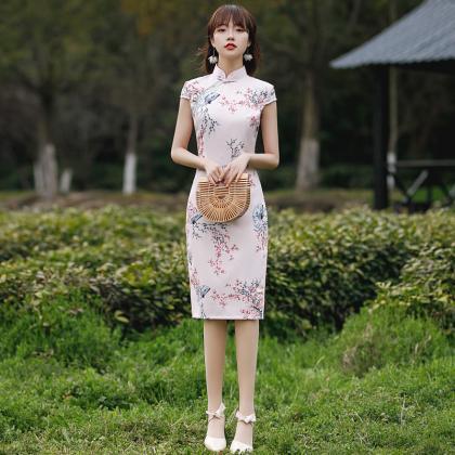 Young Style Cheongsam Dress, Summer, Improved Pink..