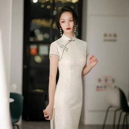 White Prom Dress, Improved Lace Cheongsam Midi..