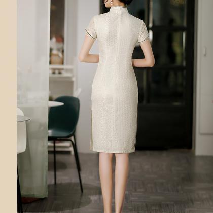 White Prom Dress, Improved Lace Cheongsam Midi..