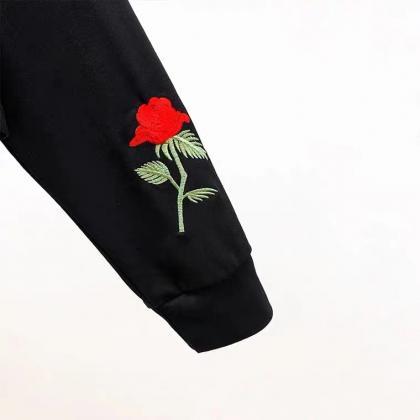 Delicate Rose Embroidery, Loose Casual Sweatshirt,..