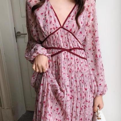 Long Sleeve Chiffon Dress,v-neck Beach Dress,pink..