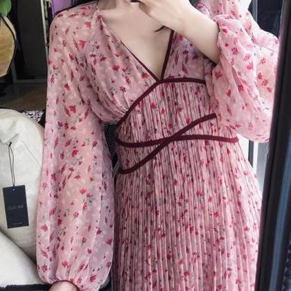 Long Sleeve Chiffon Dress,v-neck Beach Dress,pink..