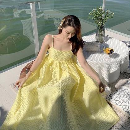 Unique, Textured Yellow Dress, Loose Spaghetti..