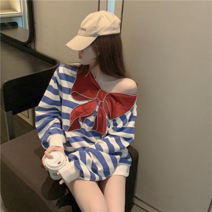 Fashion, Bow-tie Striped Loose Coat, Casual Sweet..